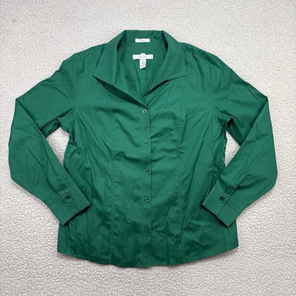 Chicos No Iron Blouse Top Kelly Green Button Up Shirt Long Sleeve 100% Cotton